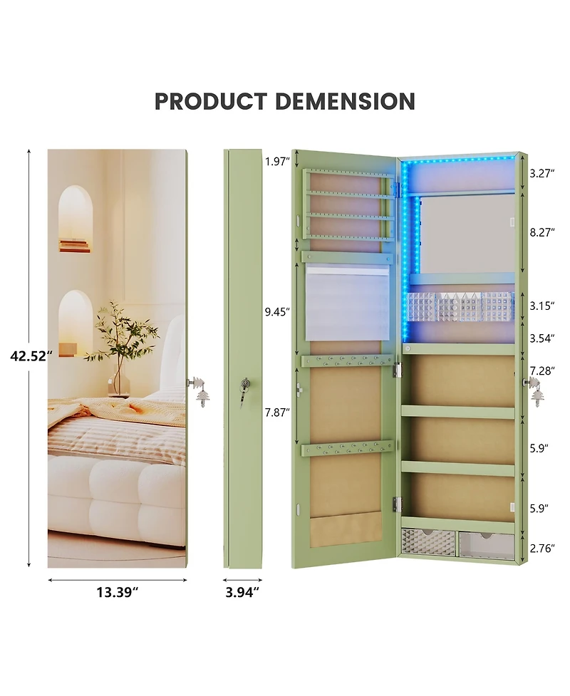 Vlsrka 42.5"H Jewelry Armoire with Led Lights, Wall and Door Mounted Mirror Cabinet