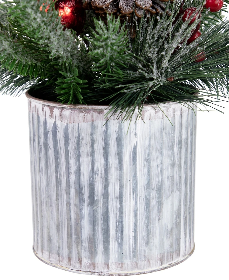 Northlight Frosted Pine Berries and Pine Cones 12" Floral Arrangement in Tin Pot