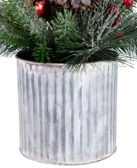 Northlight Frosted Pine Berries and Pine Cones 12" Floral Arrangement in Tin Pot