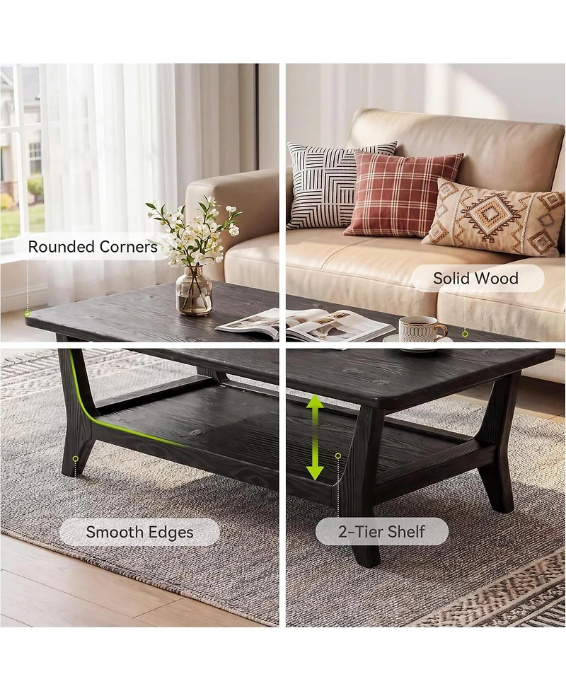 Tribesigns Solid Wood Coffee Table, 47-Inch Living Room Center Table with Shelf, 2-Tier, Smooth Corners, Child-Friendly, Easy Assembly
