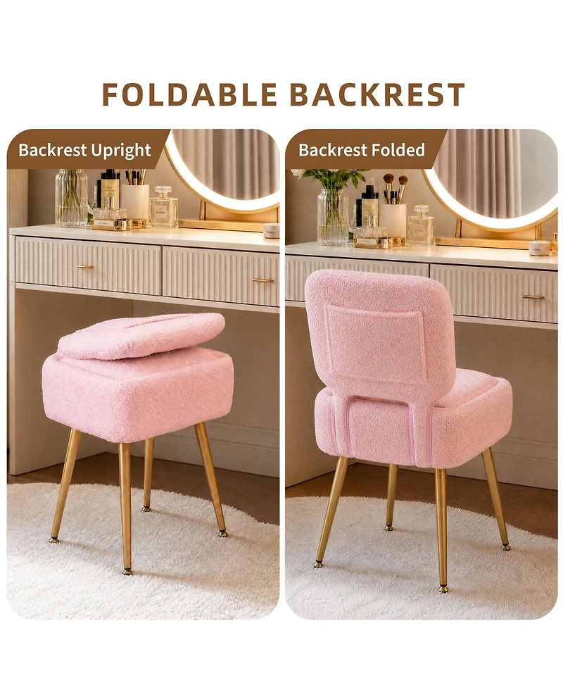 Small Vanity Accent Chair with Hidden Storage, Compact Backrest, Lift-Top Ottoman Seat, Upholstered Fleece, Tool free assembly