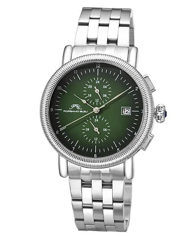 Porsamo Bleu Men's Valor Chronograph Stainless Steel Silver Tone Green Dial Watch 44 mm