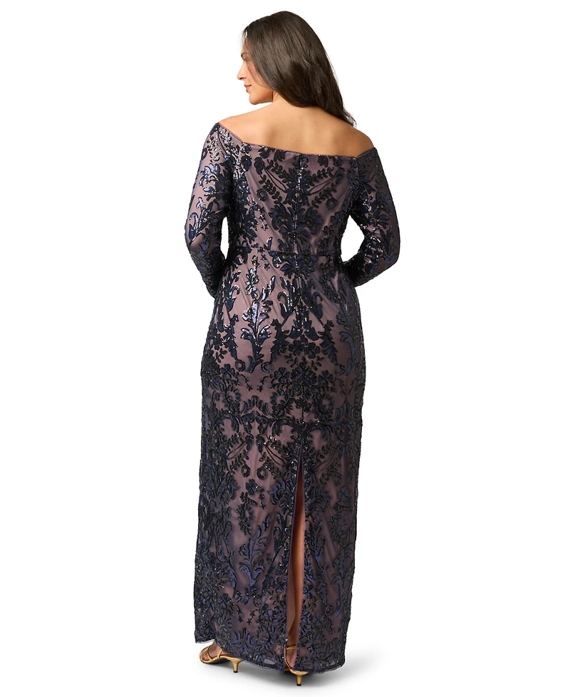 Adrianna Papell Plus Sequin Off-the-Shoulder Gown