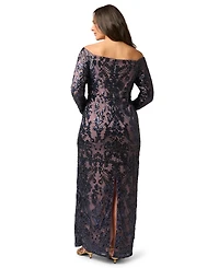 Adrianna Papell Plus Sequin Off-the-Shoulder Gown