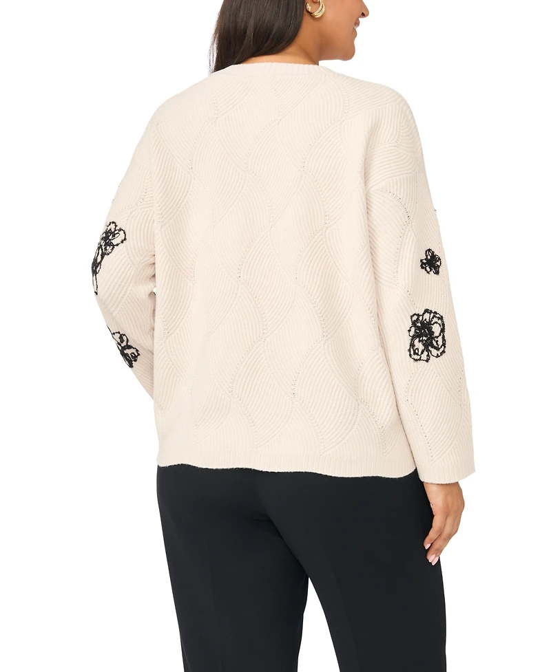 Vince Camuto Plus Floral-Embroidered Long-Sleeve Crewneck Sweater