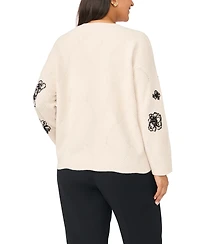 Vince Camuto Plus Floral-Embroidered Long-Sleeve Crewneck Sweater