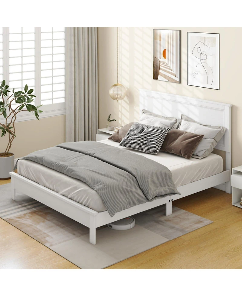 Gouun Queen Size Platform Bed Frame with High Slatted Headboard and Rubber Wood Legs