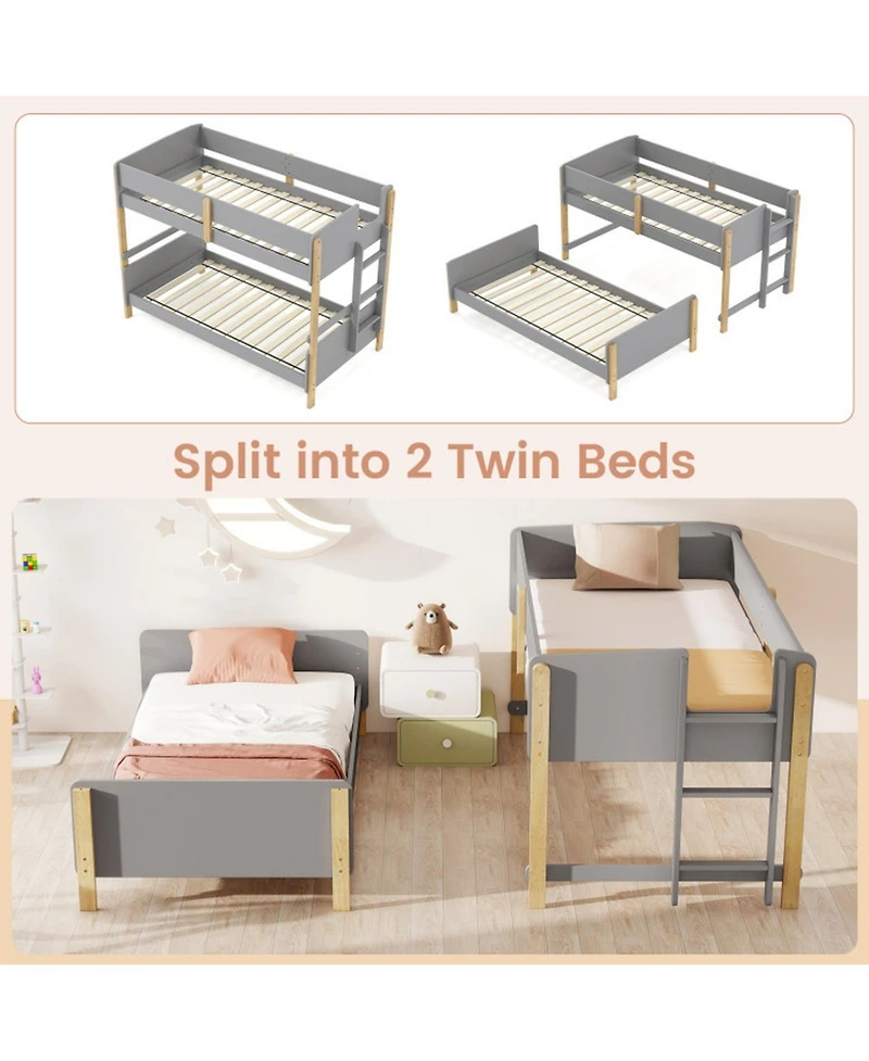 Gouun Twin Over Twin Wood Bunk Bed with Ladder Convertible to 2 Separate Beds