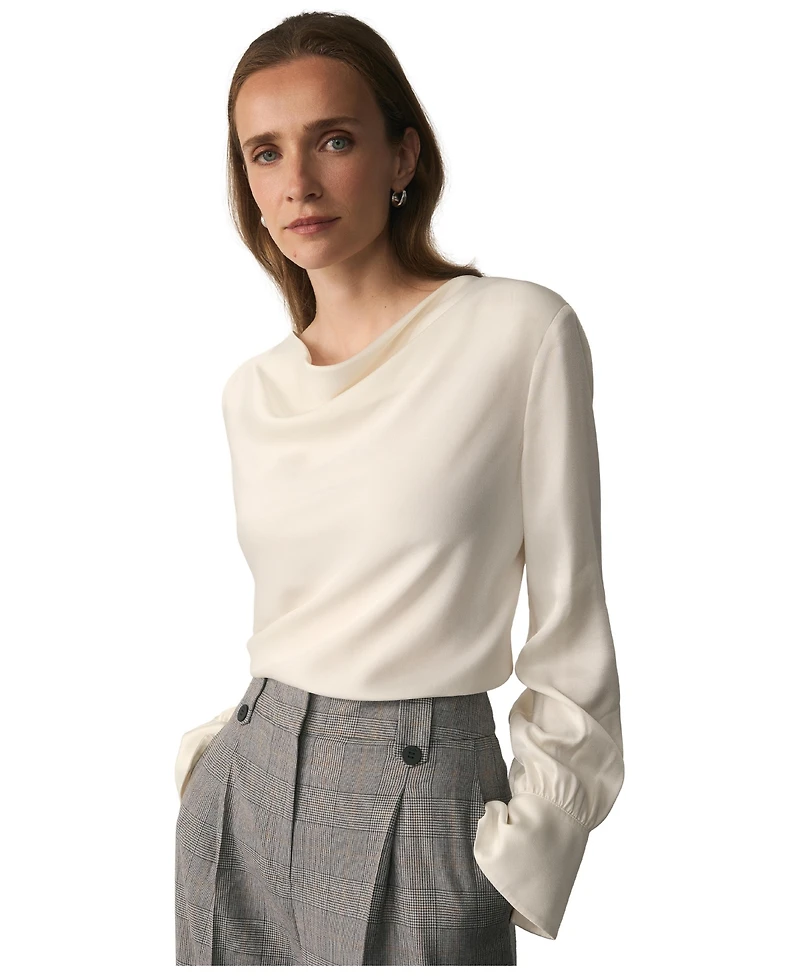 The Fold Women's Loano Long-Sleeve Cowl Neck Satin Blouse