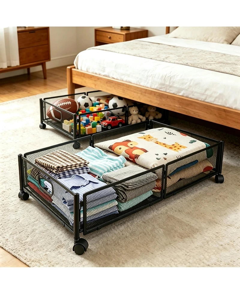 Underbed Rolling Storage Drawer with Metal Mesh Frame and Wheels, 2 Packs
