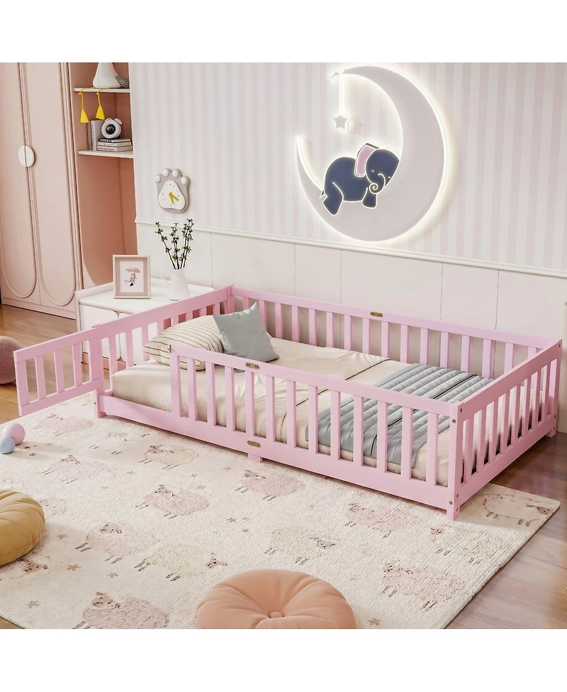 Streamdale Furniture Twin Size Wood Floor Bed with Fence and Door