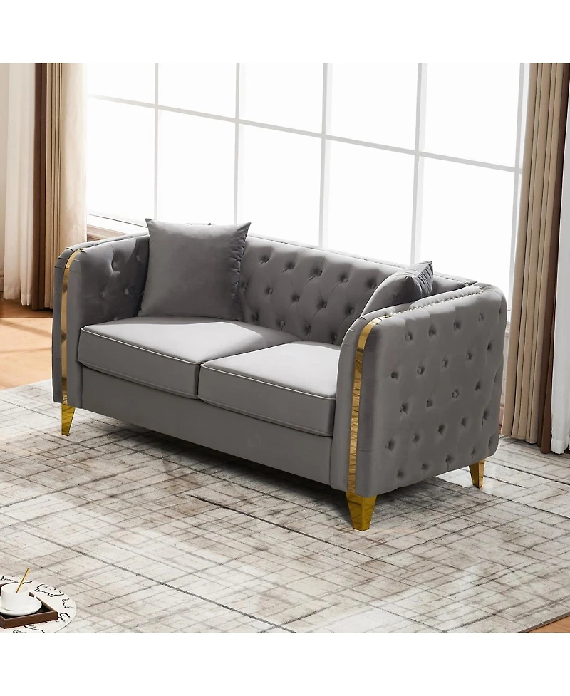 Streamdale Furniture 61" Velvet Tufted Chesterfield Loveseat with Gold Legs