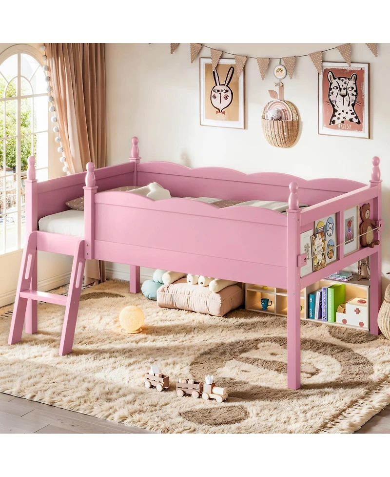 Streamdale Furniture Twin Wood Loft Bed with Full Guardrails, Ladder and Bookshelf