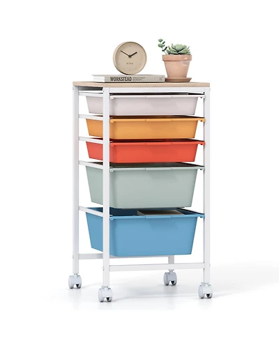 Mecale 5-Drawer Rolling Storage Cart with Wooden Tabletop