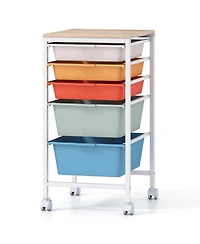 Mecale 5-Drawer Rolling Storage Cart with Wooden Tabletop