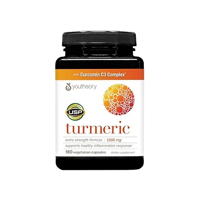 Youtheory Turmeric Extra Strength 1,000 Milligram Muscle and Joint Support Curcuminoids and Bioenhancers Usp Verified 180 Veg Capsules