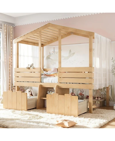 Streamdale Furniture Twin House Loft Bed with Stairs and 2 Storage Drawers