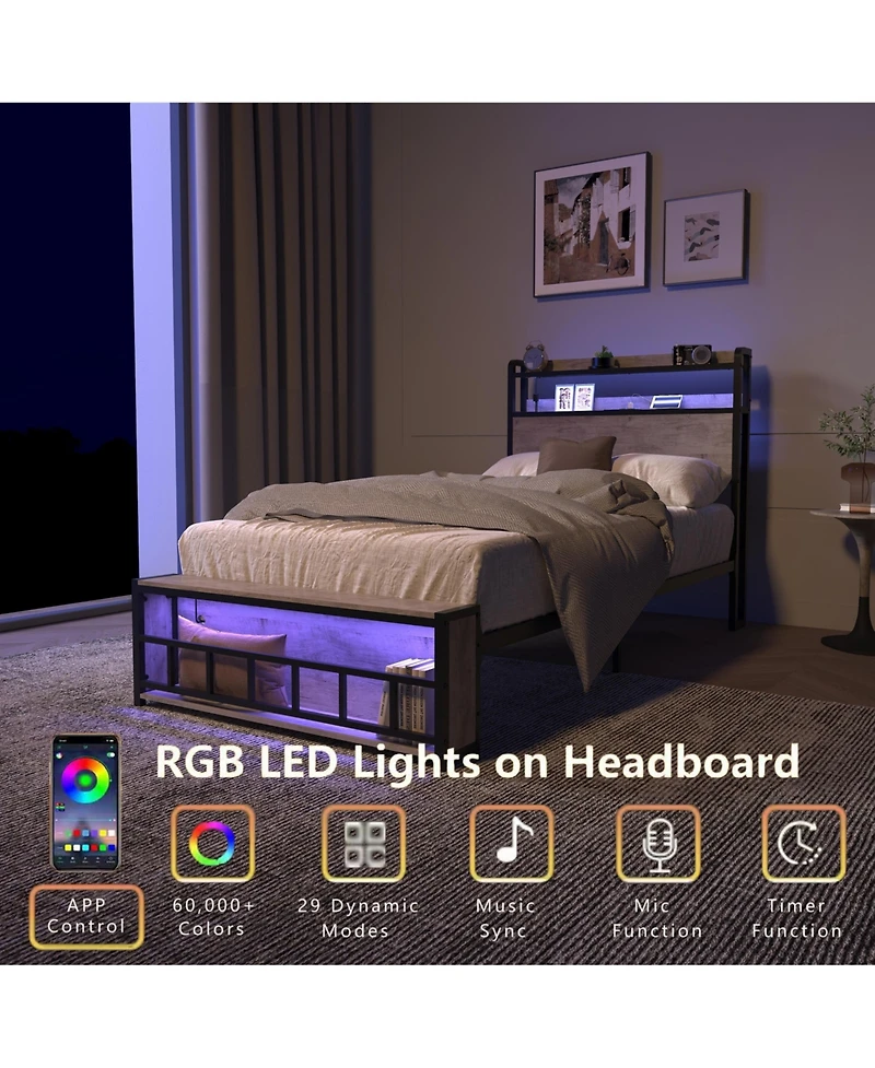 Slickblue Twin Bed Frame with Headboard, Charging Station and Led Lights