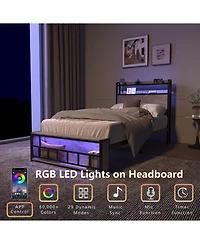 Slickblue Twin Bed Frame with Headboard, Charging Station and Led Lights