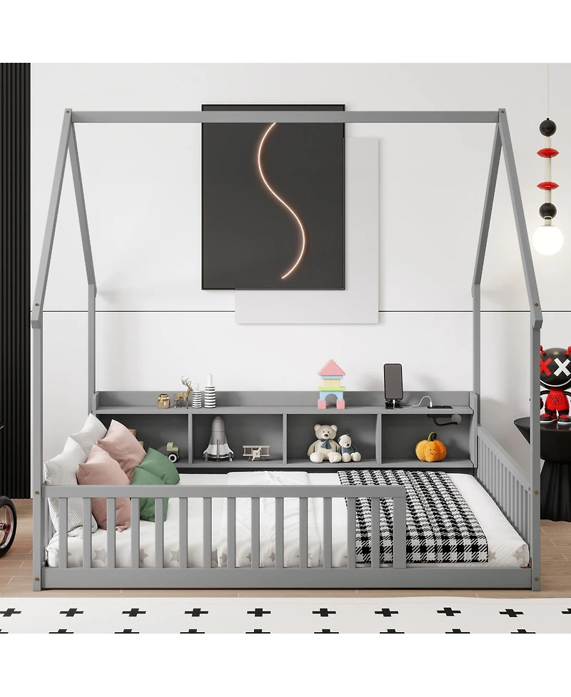 Streamdale Furniture Full House Floor Bed with Storage, Led, Charging Station and Guardrails