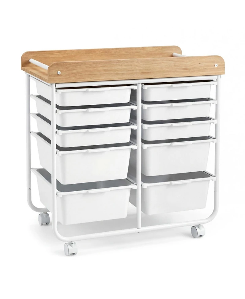 Sugift 10-Drawer Rolling Cart with Wooden Tabletop Side Handles and Lockable Wheels