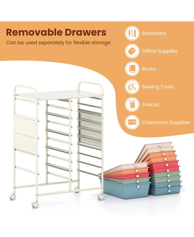 Sugift 15-Drawer Rolling Storage Cart with Metal Tabletop and Pegboard Mobile Craft Organizer