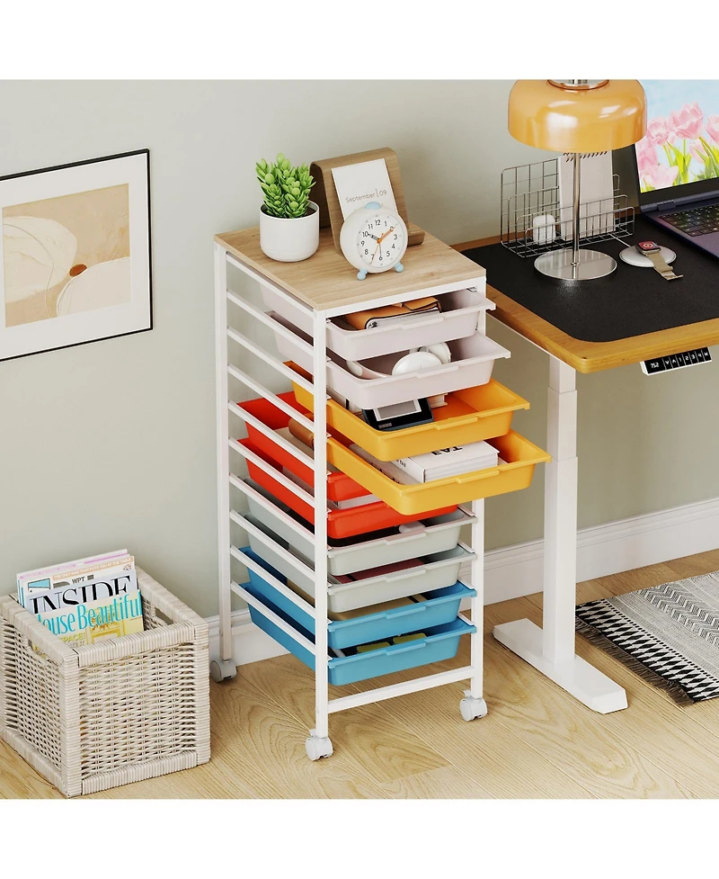Mecale 10-Drawer Rolling Storage Cart with Wooden Tabletop