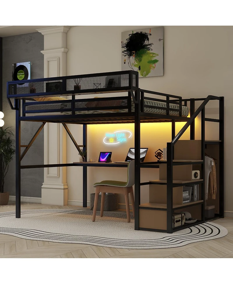 Streamdale Furniture Queen Loft Bed with Desk, Charging Station, Stairs, and Light