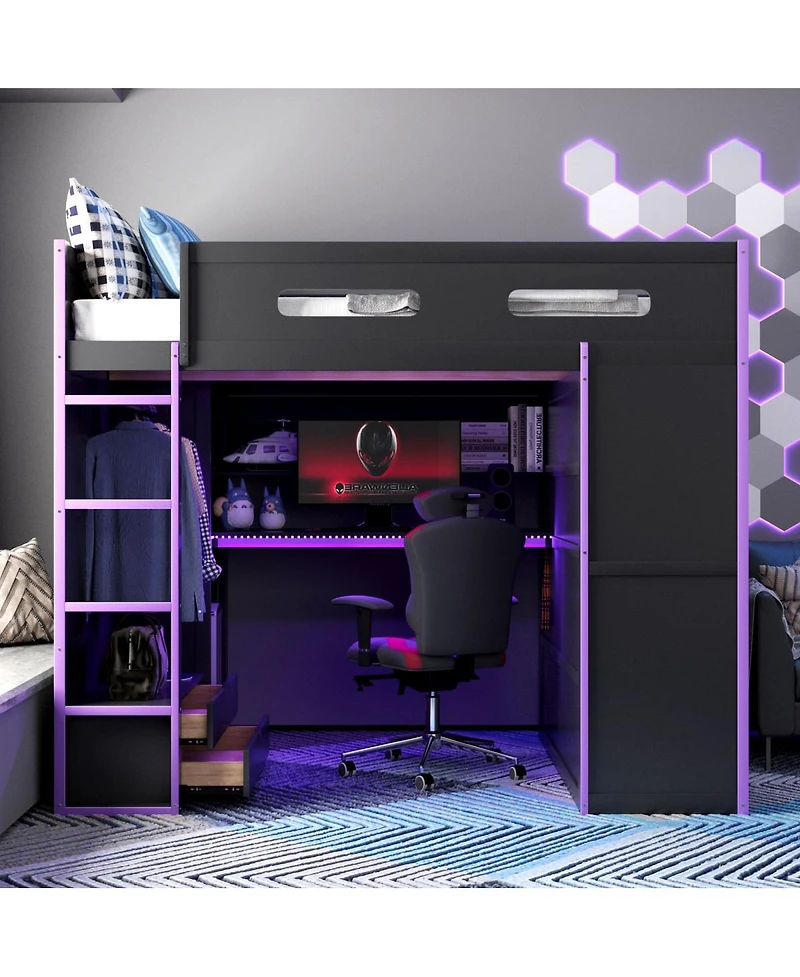 Streamdale Furniture Full Wood Loft Bed with Desk, Wardrobe, Storage, and Rgb Light
