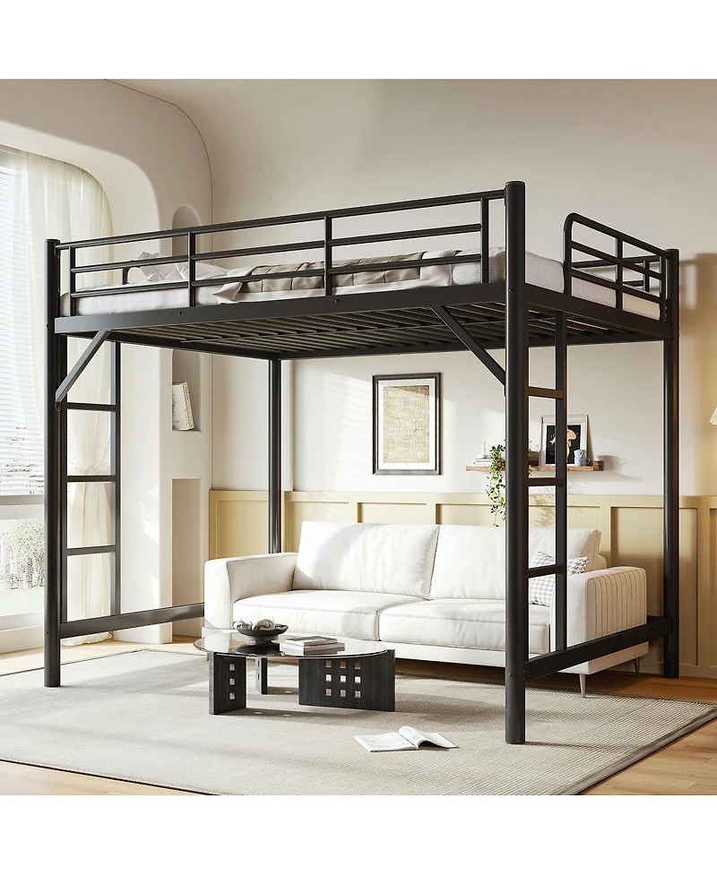Streamdale Furniture Queen Size Metal Loft Bed with Ladder and Guardrails