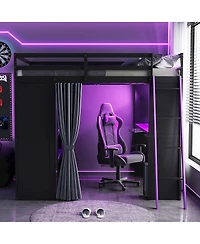 Streamdale Furniture Wood Full Loft Bed with Wardrobe, Shelves, Curtains and Rgb Lights
