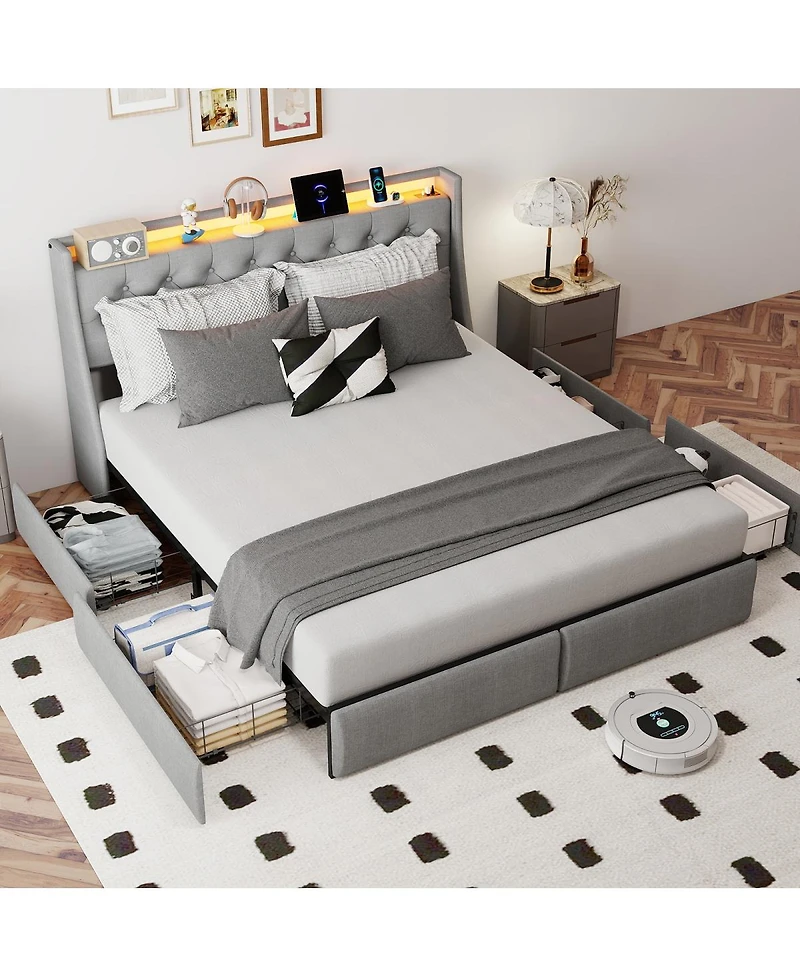 Streamdale Furniture Full Size Metal Bed Frame with Led Storage Headboard and 4 Drawers