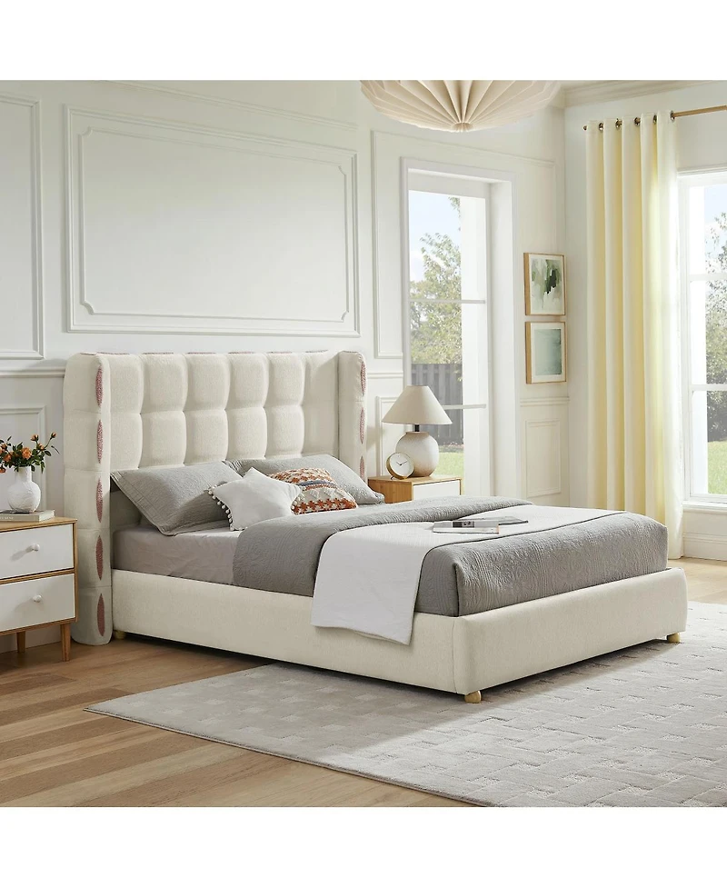 Streamdale Furniture Queen Chenille Wingback Gas Lift Storage Bed, Waffle Upholstered Platform