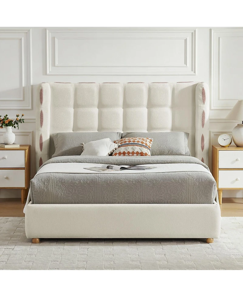 Streamdale Furniture Queen Chenille Wingback Gas Lift Storage Bed, Waffle Upholstered Platform