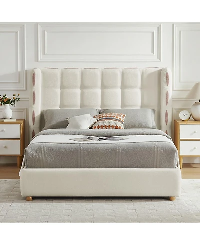 Streamdale Furniture Queen Chenille Wingback Gas Lift Storage Bed, Waffle Upholstered Platform