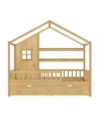 Streamdale Furniture Kids Twin Montessori Floor Bed with Roof, Curtains and Storage Drawers