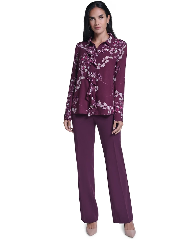 Calvin Klein Women's Floral-Print Ruffled-Front Long-Sleeve Blouse