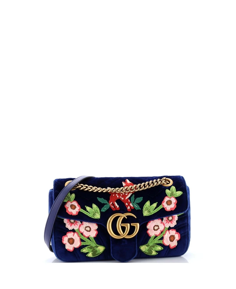 Pre-Owned Gucci Small Gg Marmont Flap Bag Embroidered Matelasse Velvet