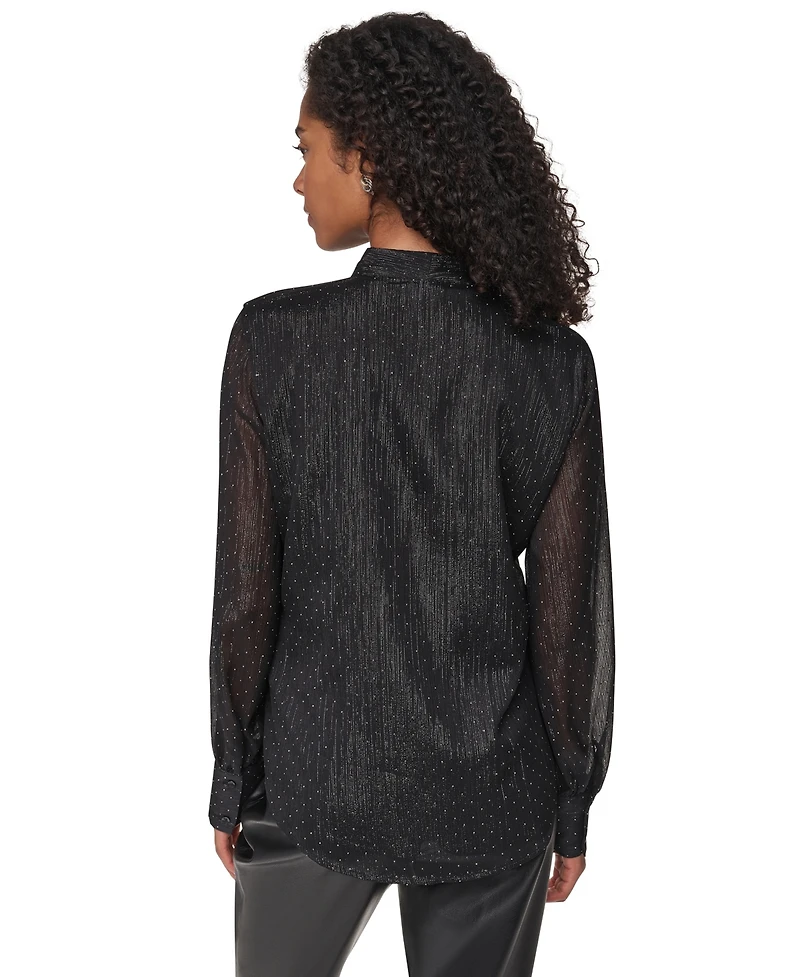 Dkny Petite Long-Sleeve Tie-Neck Button-Up Blouse