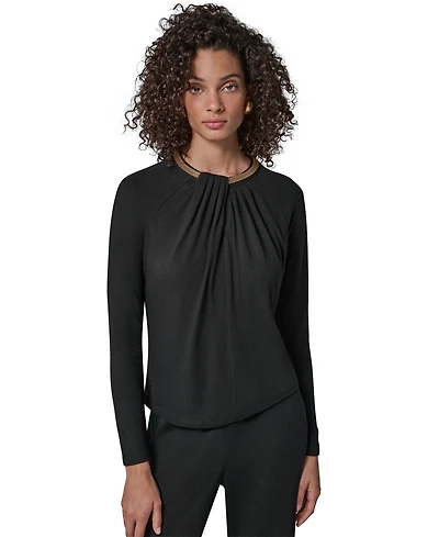 Donna Karan New York Women's Necklace Detail Long-Raglan Sleeves Keyhole Cutout Pullover