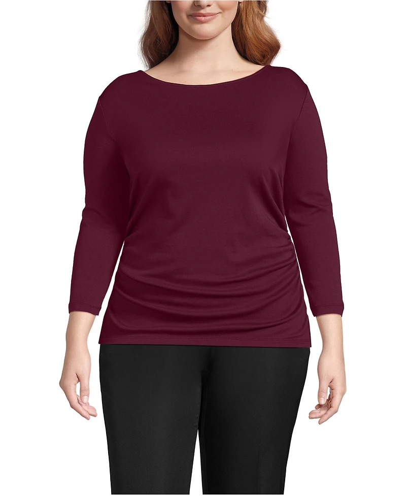 Lands' End Plus Supima Micro Modal Three Quarter Sleeve Ruched Waist Top