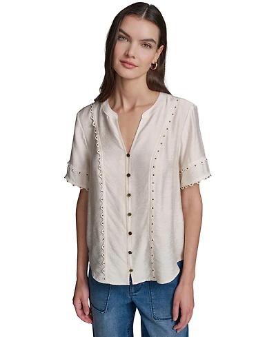 Karl Lagerfeld Paris Women's Short-Sleeve Nailhead Trim Woven Top