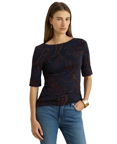 Lauren Ralph Women's Paisley Boatneck Elbow-Length-Sleeve T-Shirt