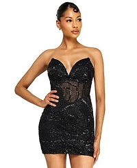 Alex & Sophia Juniors' Strapless V-Neck Sequin Beaded Dress