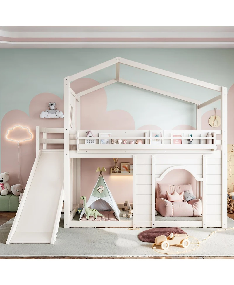 Streamdale Furniture Twin House Loft Bed with Slide, Wardrobe and Bookshelves