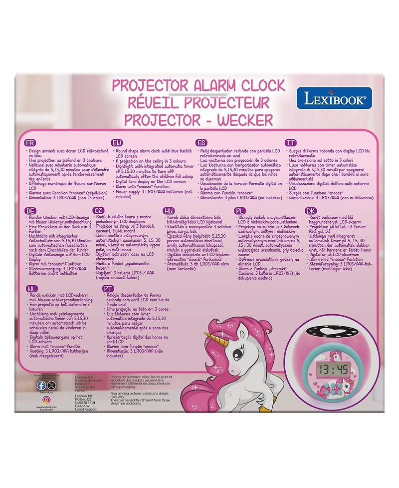Lexibook Projector Alarm Clock Unicorn with snooze function and alarm function, Night light with timer, Lcd screen, battery operated, RL977UNI