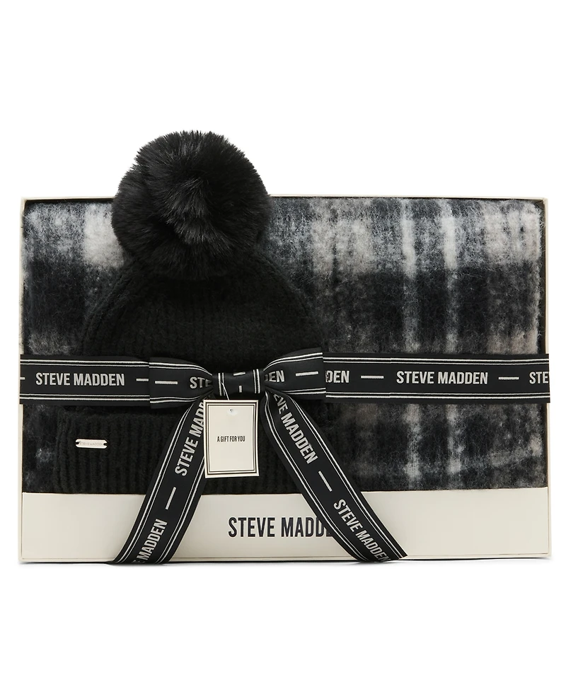 Steve Madden English Plaid 2-Piece Beanie and Scarf Set