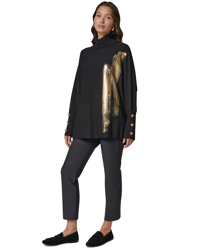 Donna Karan New York Petite Oversized Metallic Paint-Print Turtleneck Sweater