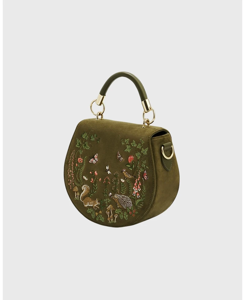 Fable England Charlotte Meadow Scene Embroidered Faux Suede Saddle Bag