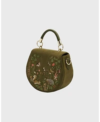 Fable England Charlotte Meadow Scene Embroidered Faux Suede Saddle Bag